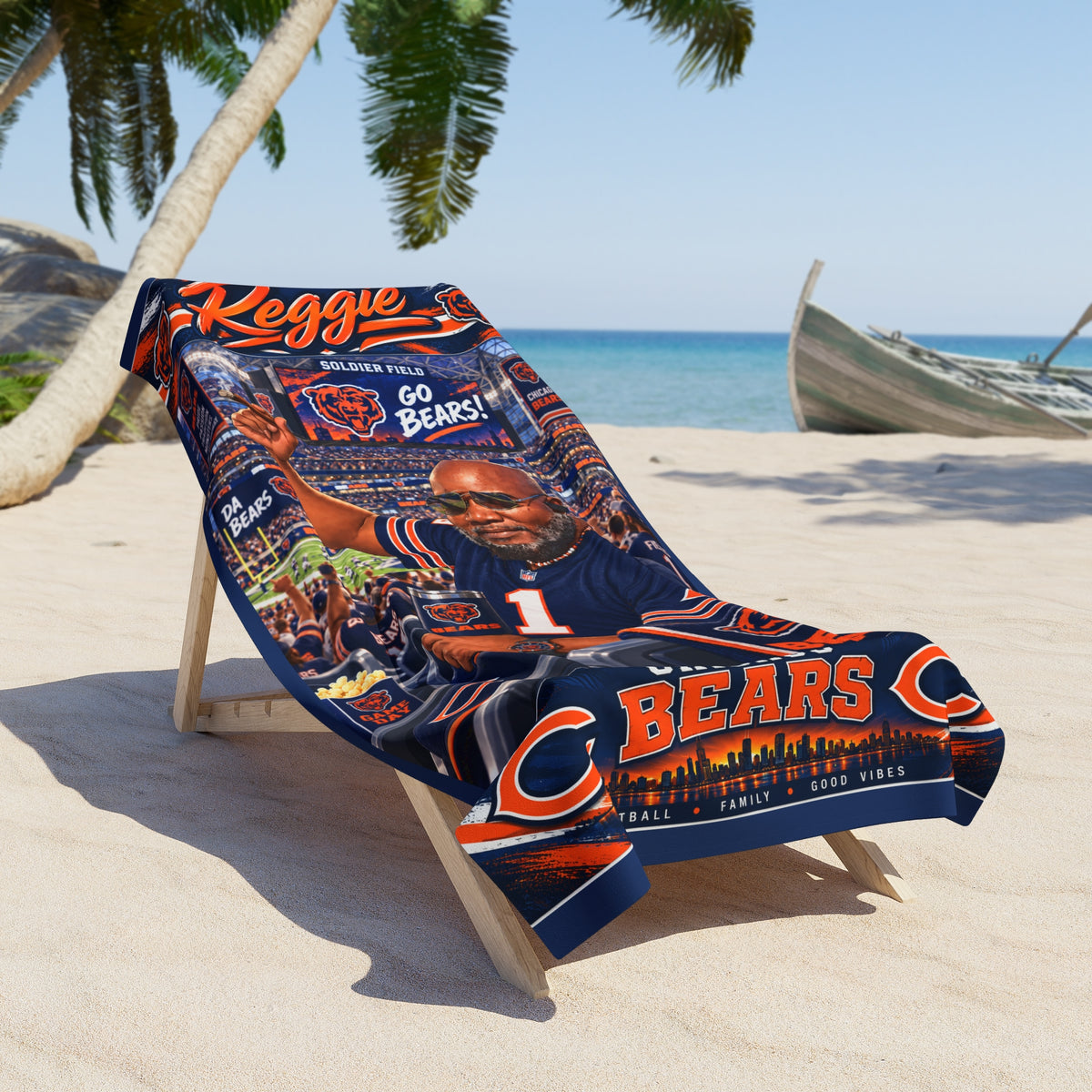 Copy of Personalized 'Reggie' Sunset Beach Towel — Miami Skyline, Palm Vibes & 'Higher Thoughts' Quote