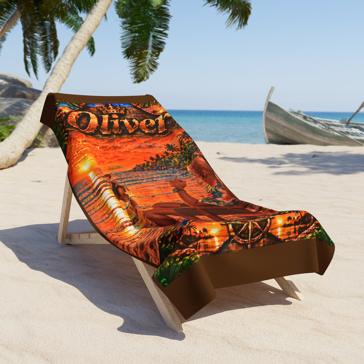Beach Towel — Personalized Tropical Sunset Design (Name: Oliver)