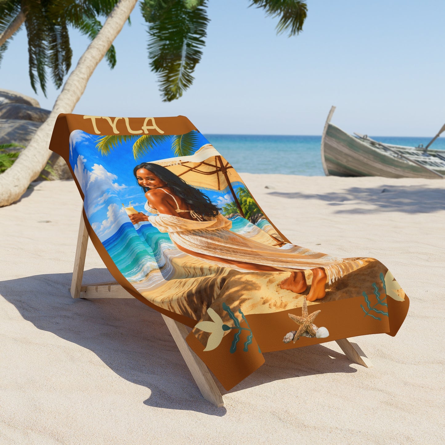 Personalized Tropical Beach Towel — Sunset Palm Luau Design
