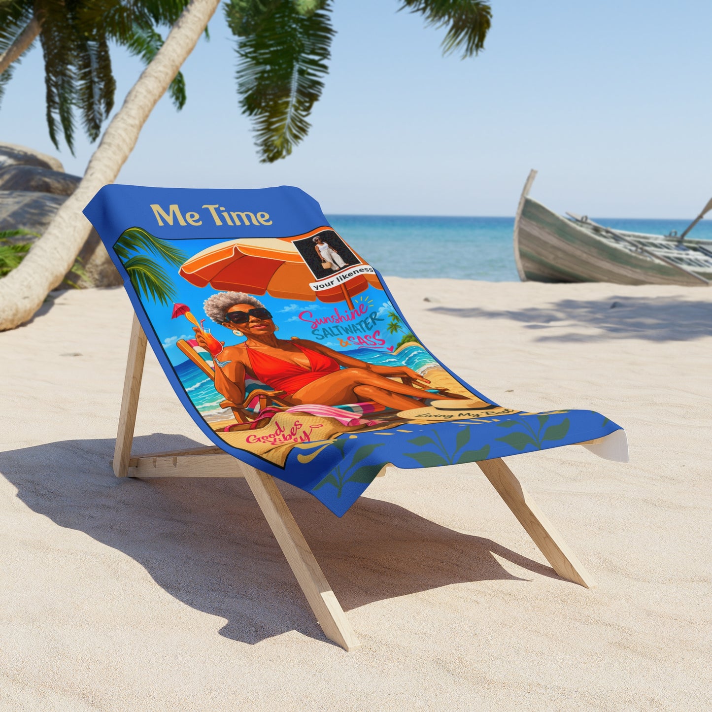 Me Time Beach Towel — Relaxing Retro Beach Scene with 'Me Time' Text