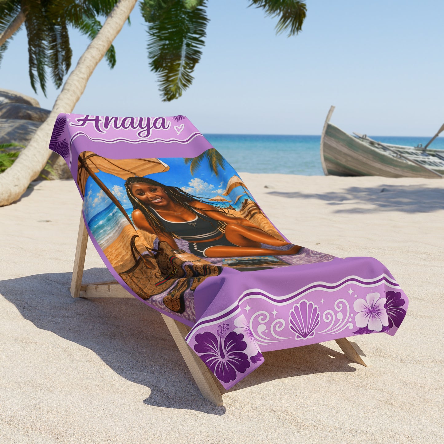 Beach Towel — Tropical Beach Scene with Teen in Swimsuit, Purple Border
