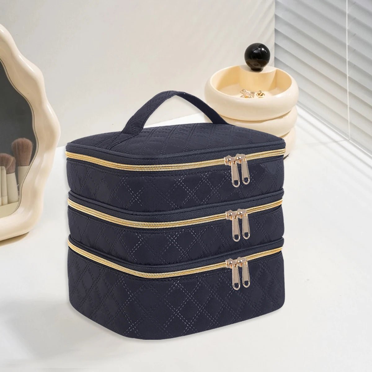 3 - Layer Large Quilted Makeup Bag Organizer with Handles - Buy One Get One Freeš„ - BeeBeeBuys