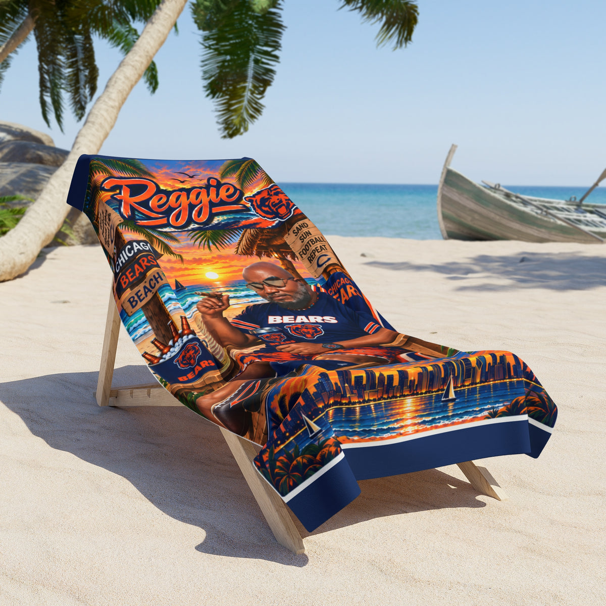 Copy of Copy of Personalized 'Reggie' Sunset Beach Towel — Miami Skyline, Palm Vibes & 'Higher Thoughts' Quote
