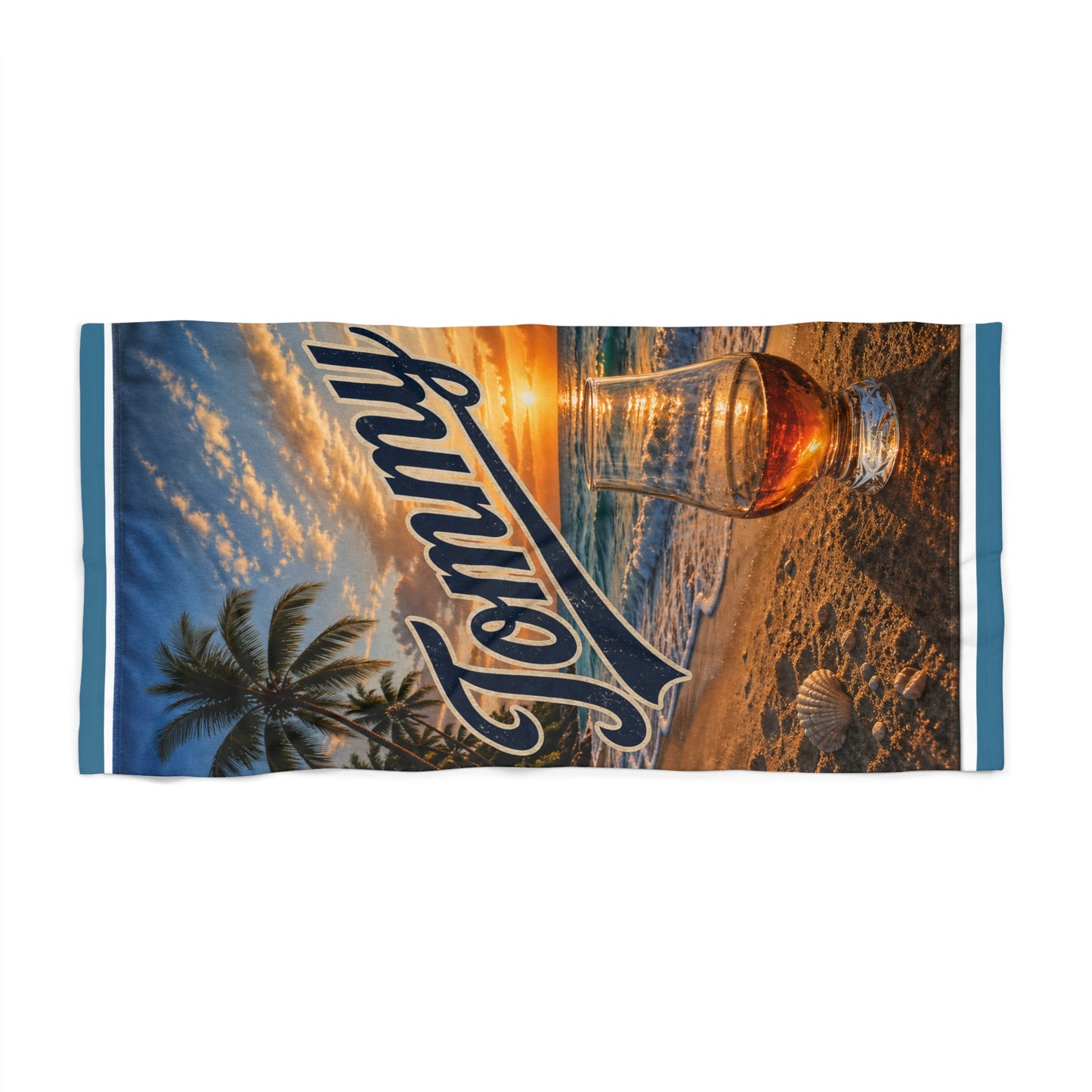 Personalized Man or Woman "with Name"Sunset Beach Towel – Tropical Palm & Cocktail Design