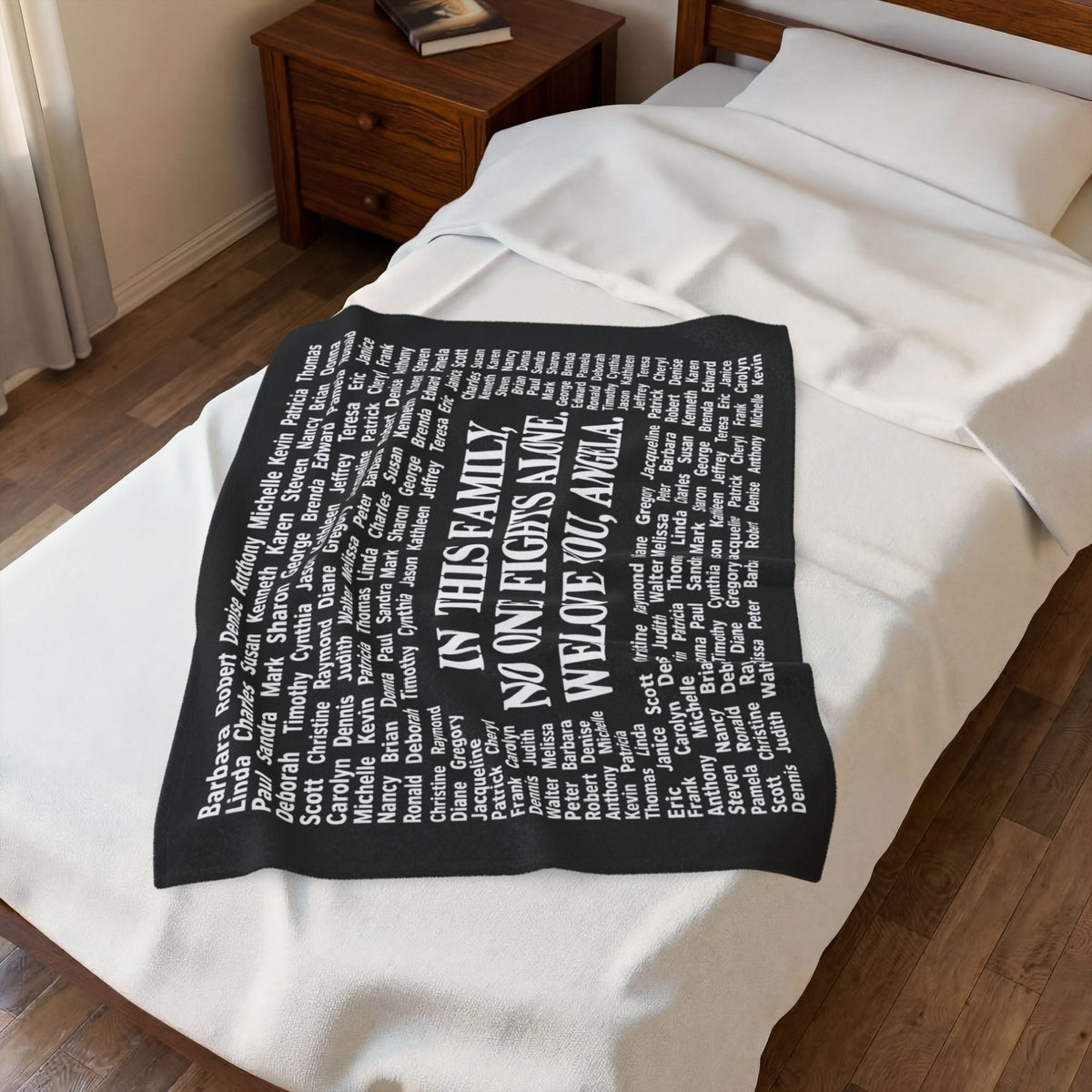 Personalized Memorial Family Names Throw - (“In This Family No One Fights Alone, We Love You, Angel”)