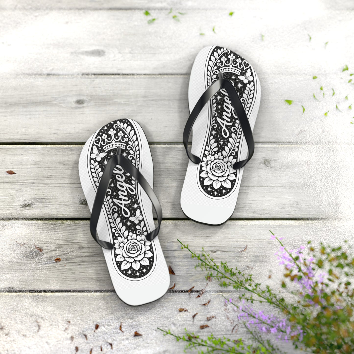 Personalized Colorful Floral Flip Flops – Custom Name Beach Sandals - white