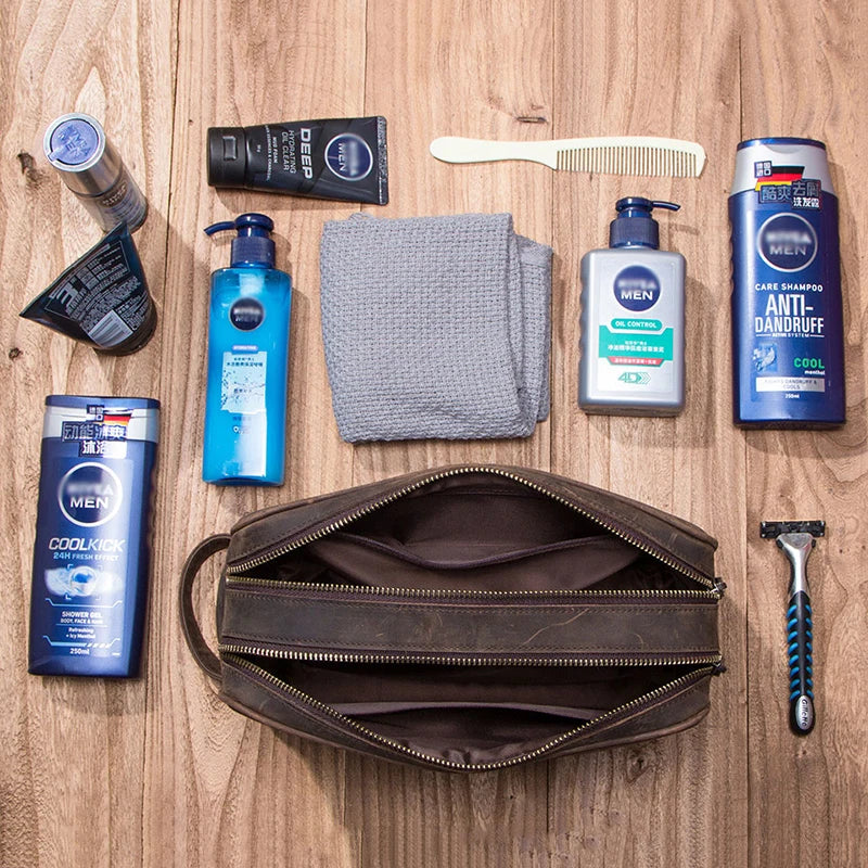 Personalized Genuine Leather Cosmetic Bag Men Luxury Large
