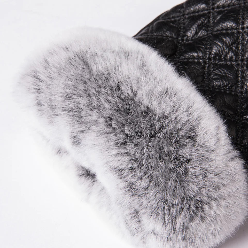 Genuine Leather Rex Rabbit Fur Fingerless Driving Gloves Plaid