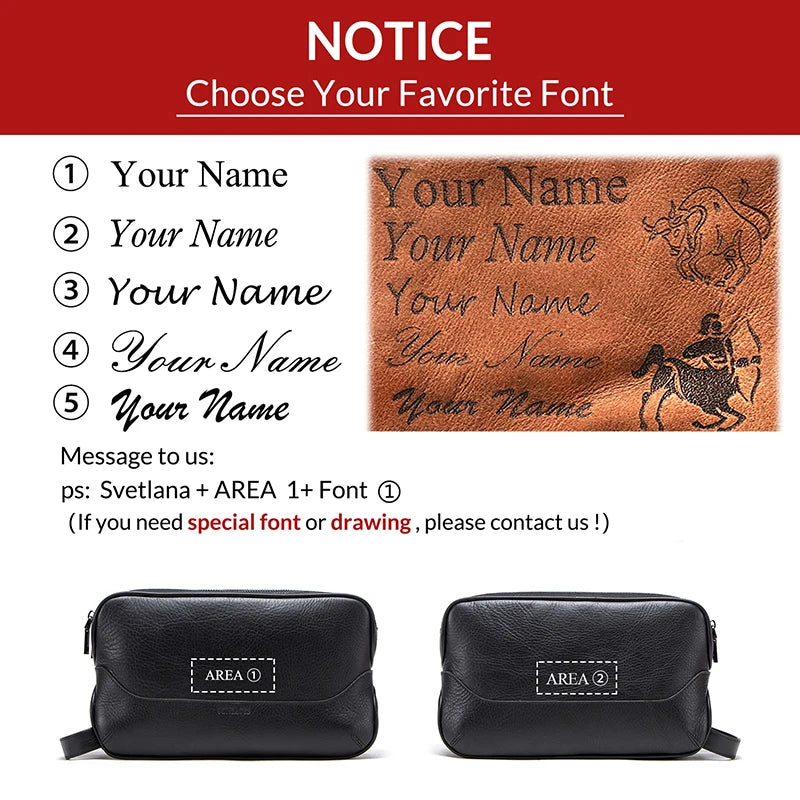 Personalized Genuine Leather Cosmetic Bag Men Luxury Large