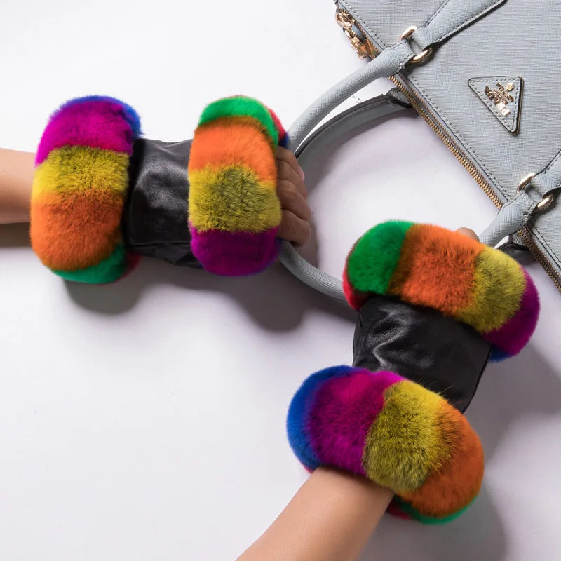 Genuine Leather Rex Rabbit Fur Fingerless Driving Gloves Plaid