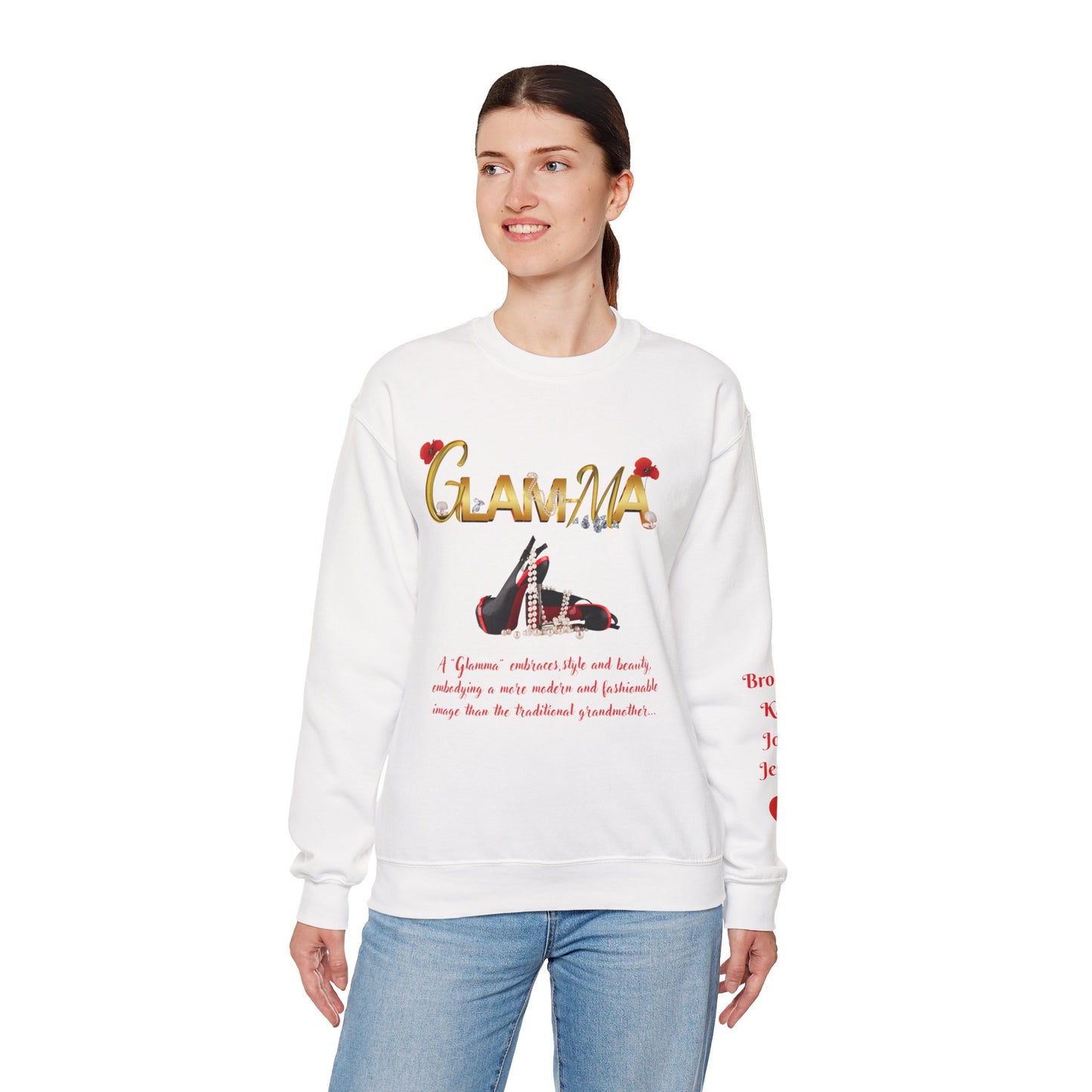 Glamma Graphic Sweatshirt – 'GLAMMA' Gold Script with Heels & Red Heart Sleeve Design