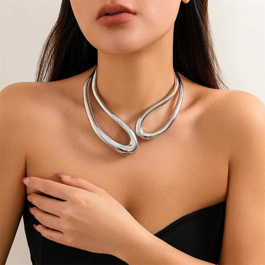 Exaggerated Heavy Metal Big Open Torques Choker Necklace fot Women Goth Adjustable Chunky Chain Grunge Jewelry Steampunk Men New
