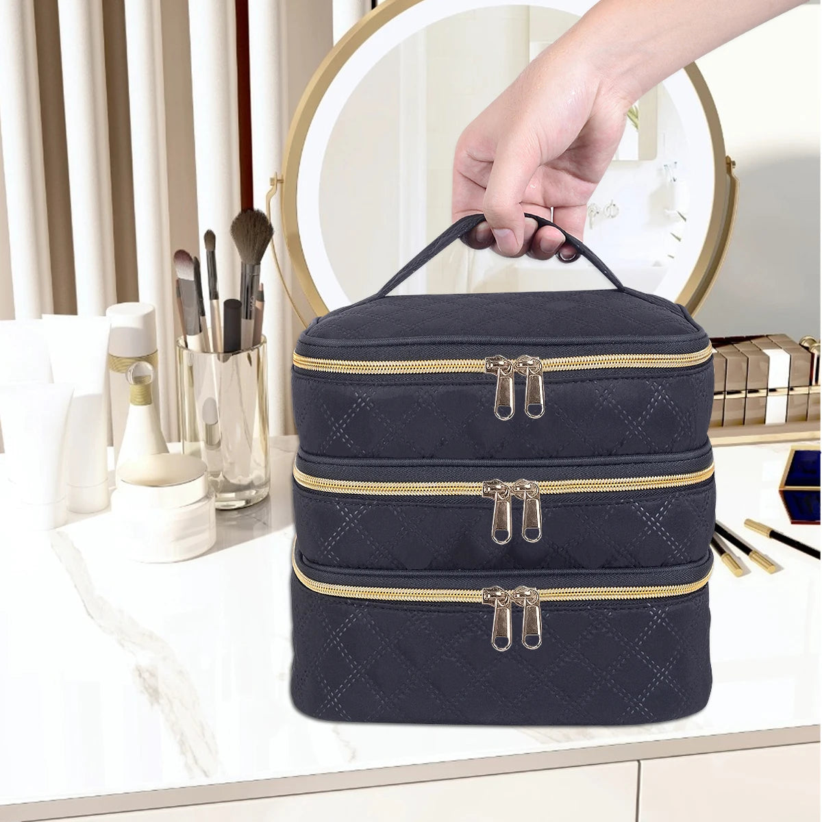3-Layer Large Quilted Makeup Bag Organizer with Handles - Buy One Get One Free🔥