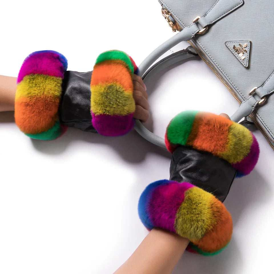 Genuine Leather Rex Rabbit Fur Fingerless Driving Gloves Plaid