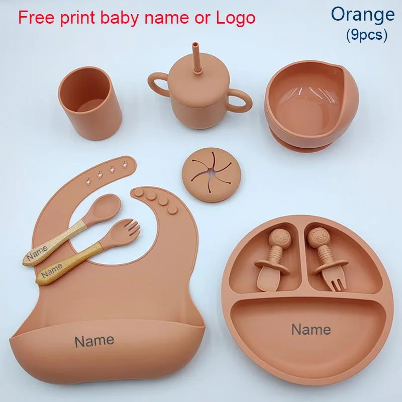 9Pcs Personalized Baby Silicone Feeding Sets Suction