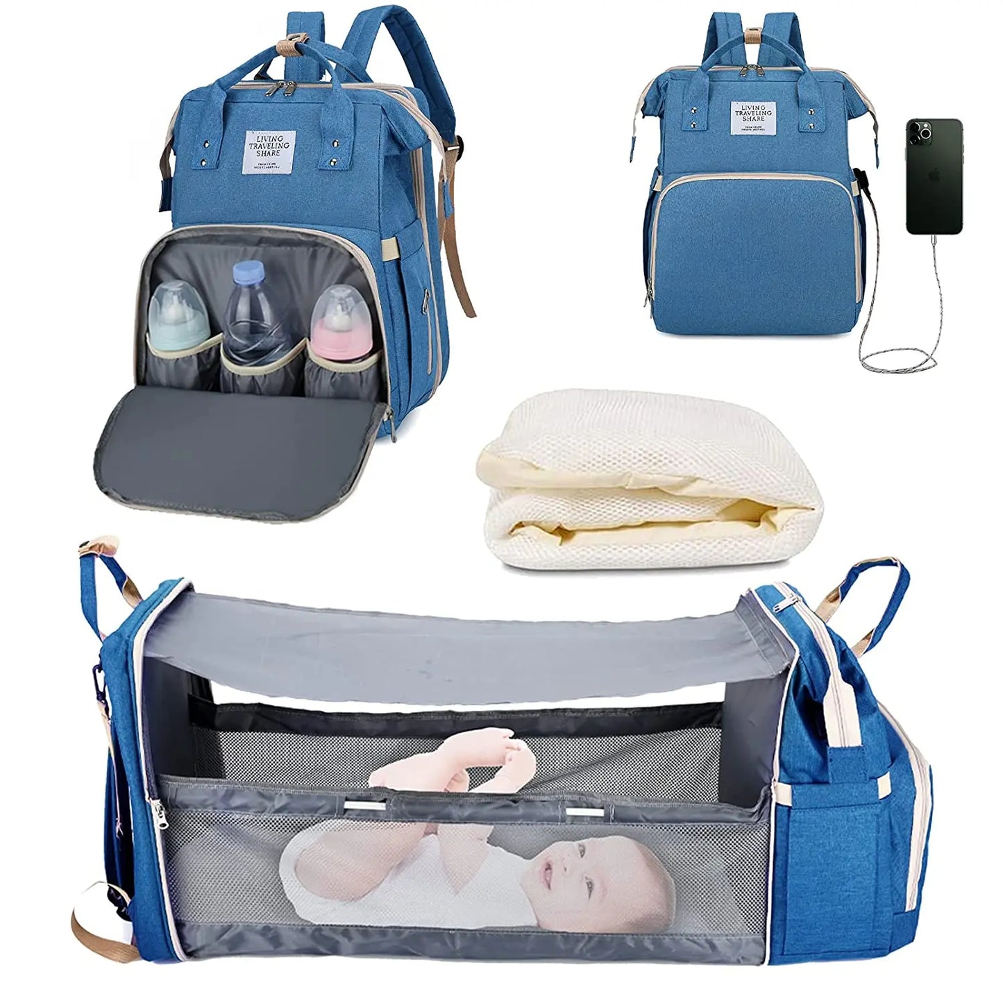 3 In 1 Diaper Bag Backpack Foldable Baby Bed Waterproof Travel Bag with USB Charge