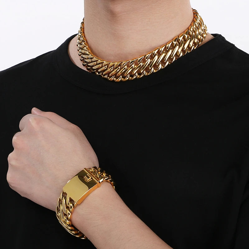 23mm Wide Big Heavy Gold Color 316L Stainless Steel Cuban Miami Link Chains or Bracelet.