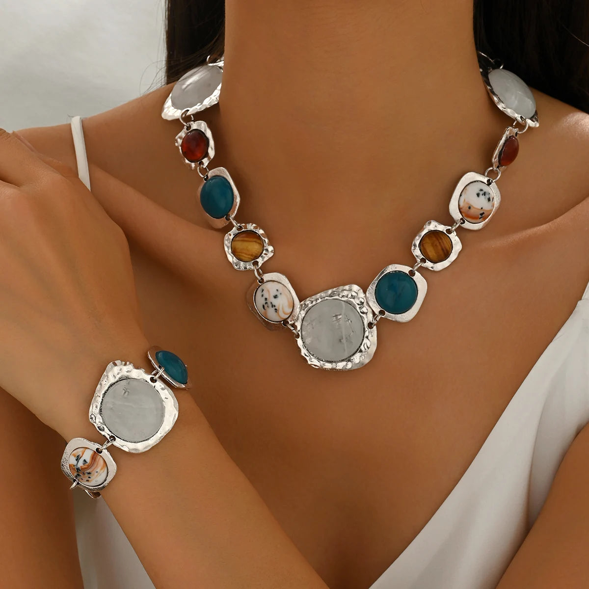Vintage Bracelets Necklace Chunky Exaggerated Metal Jewelry Sets