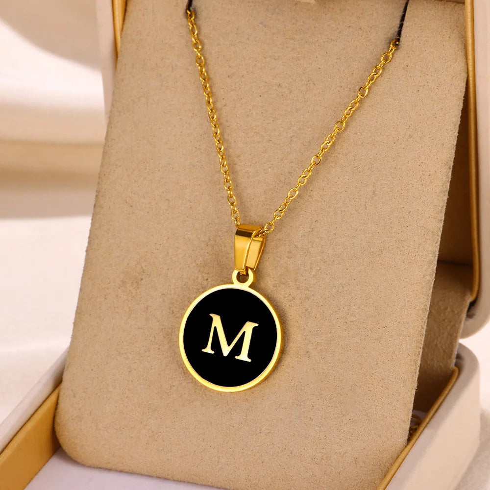 Women Gold Color Stainless Steel Round Couple Alphabet A-Z Pendant