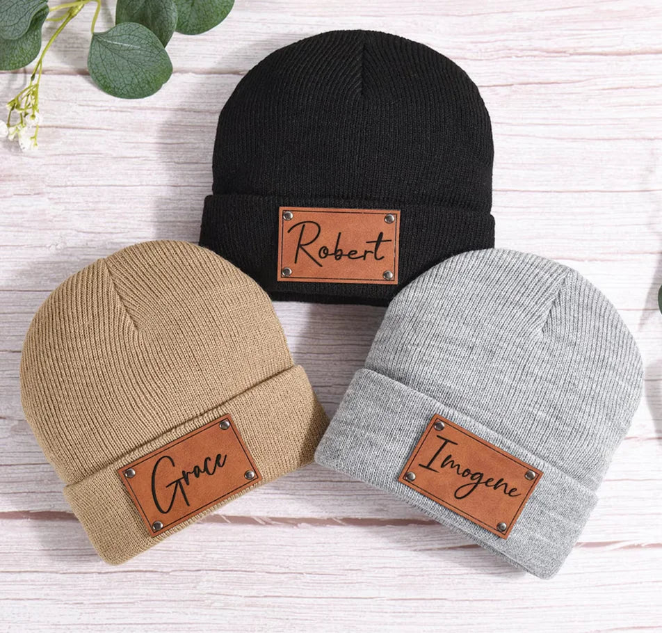 Personalized Beanie Hats with Leather Patch, Unisex