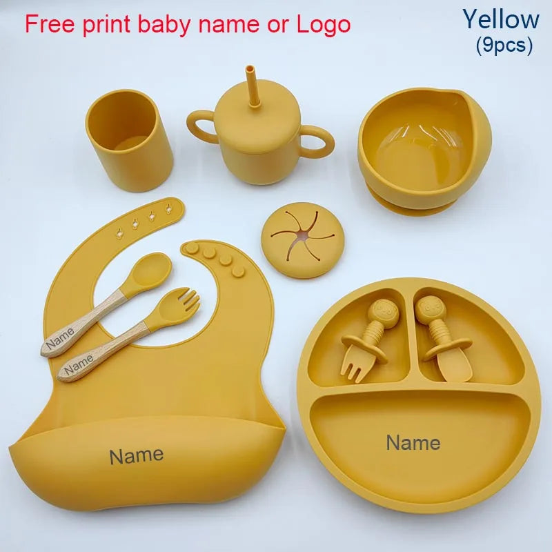9Pcs Personalized Baby Silicone Feeding Sets Suction