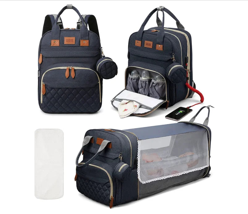 3 In 1 Diaper Bag Backpack Foldable Baby Bed Waterproof Travel Bag with USB Charge