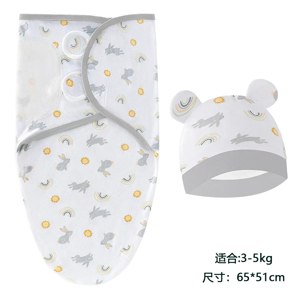 Baby Blanket Hat Set Cartoon Printed Cotton Newborn 0-6 Months