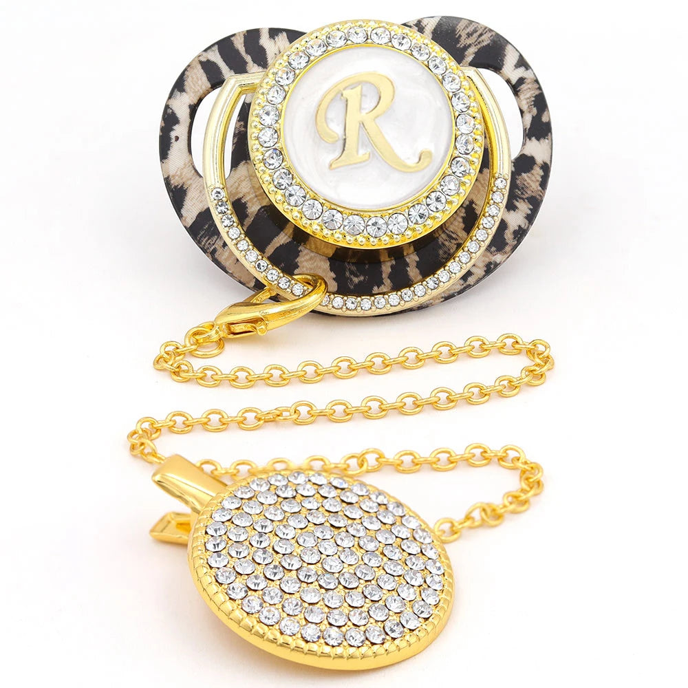 Leopard Gold Pacifier Clip 24 Name Initial Letter BPA Free Silicone Infant -🔥 - Buy One get One