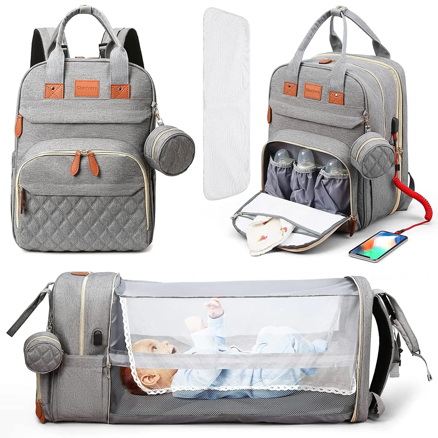 3 In 1 Diaper Bag Backpack Foldable Baby Bed Waterproof Travel Bag with USB Charge