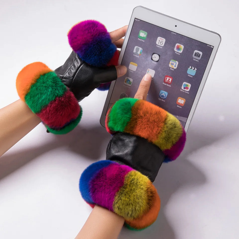 Genuine Leather Rex Rabbit Fur Fingerless Driving Gloves Plaid