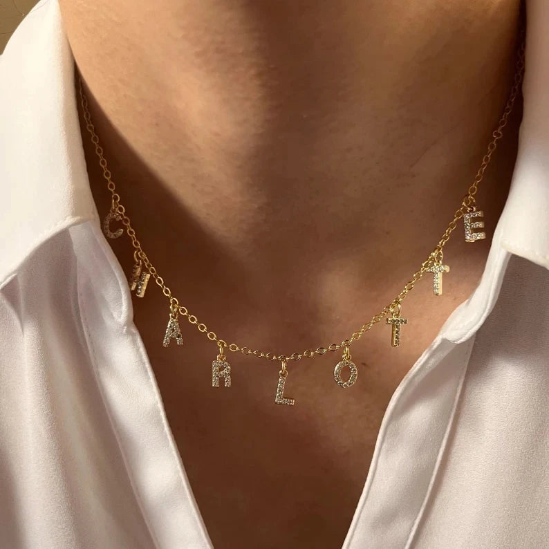 SUNIBI Customized Name Necklace Personalized Zircon Letter Stainless Steel Choker Necklace Pendant Nameplate Gift