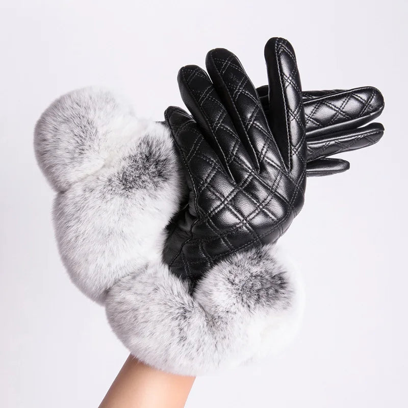 Genuine Leather Rex Rabbit Fur Fingerless Driving Gloves Plaid