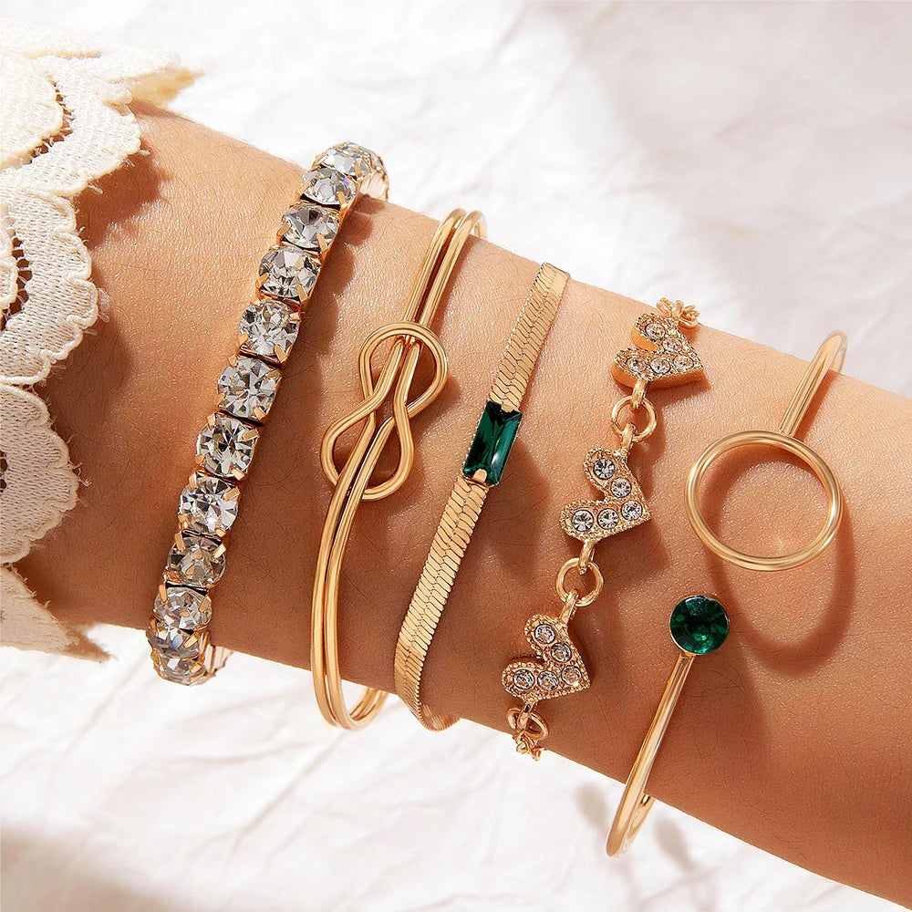 4PCS/Set Fashionable Snake Imitation Gemstone Bangle Rhinestone Full Metal Bracelet Set for W