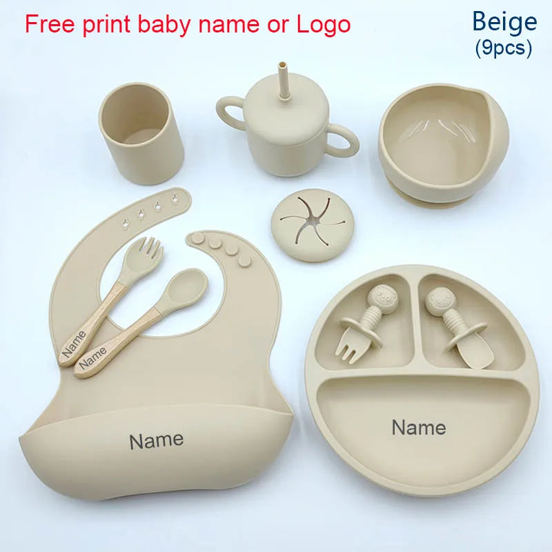 9Pcs Personalized Baby Silicone Feeding Sets Suction