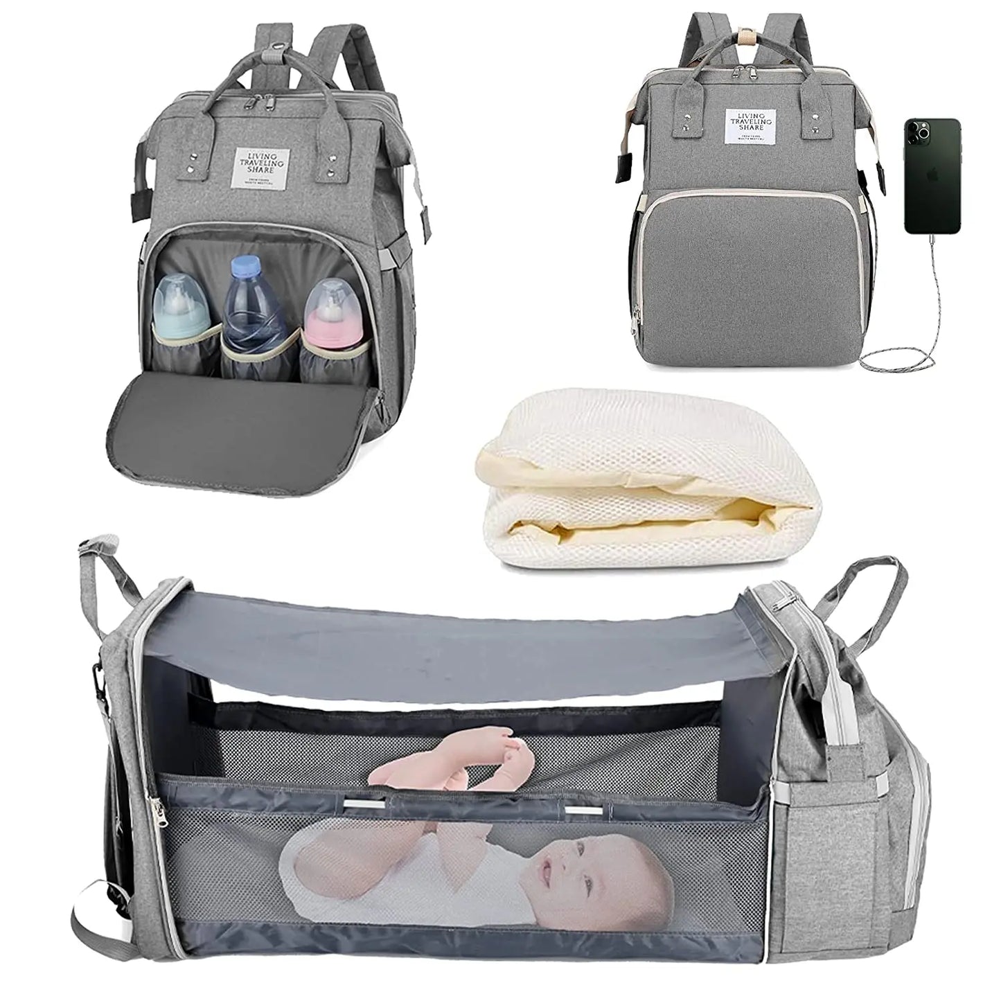 3 In 1 Diaper Bag Backpack Foldable Baby Bed Waterproof Travel Bag with USB Charge