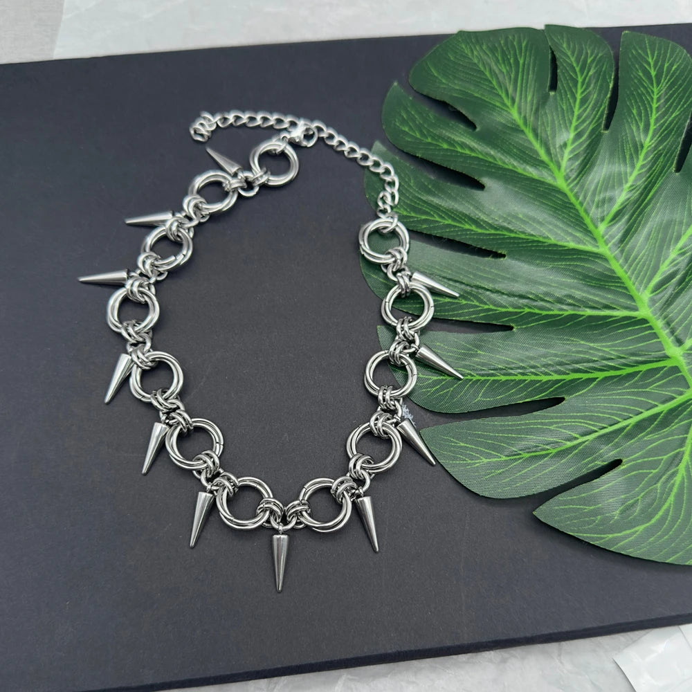 Goth Spiky Choker Necklace Handmade Stainless Steel Rivet Spike Necklace