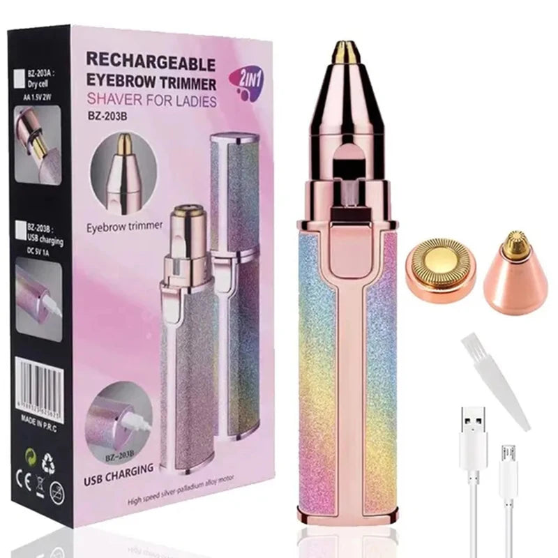 Portable 2 IN 1 Electric Epilator Eyebrow Trimmer Women's Body Facial Lip Epilator Rechargeable