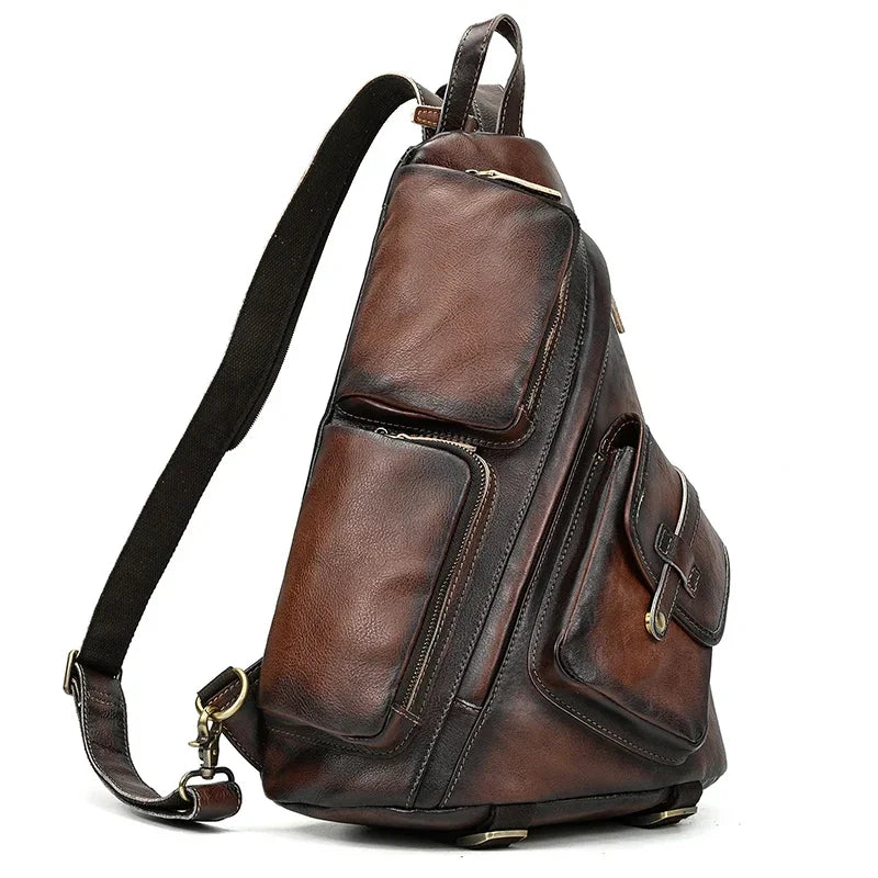 New Fashion Men's Leather Single Shoulder Backpack Real Cowskin Chest Bag Crossbody Bag Backpacks For Man Male Anti Theft Men