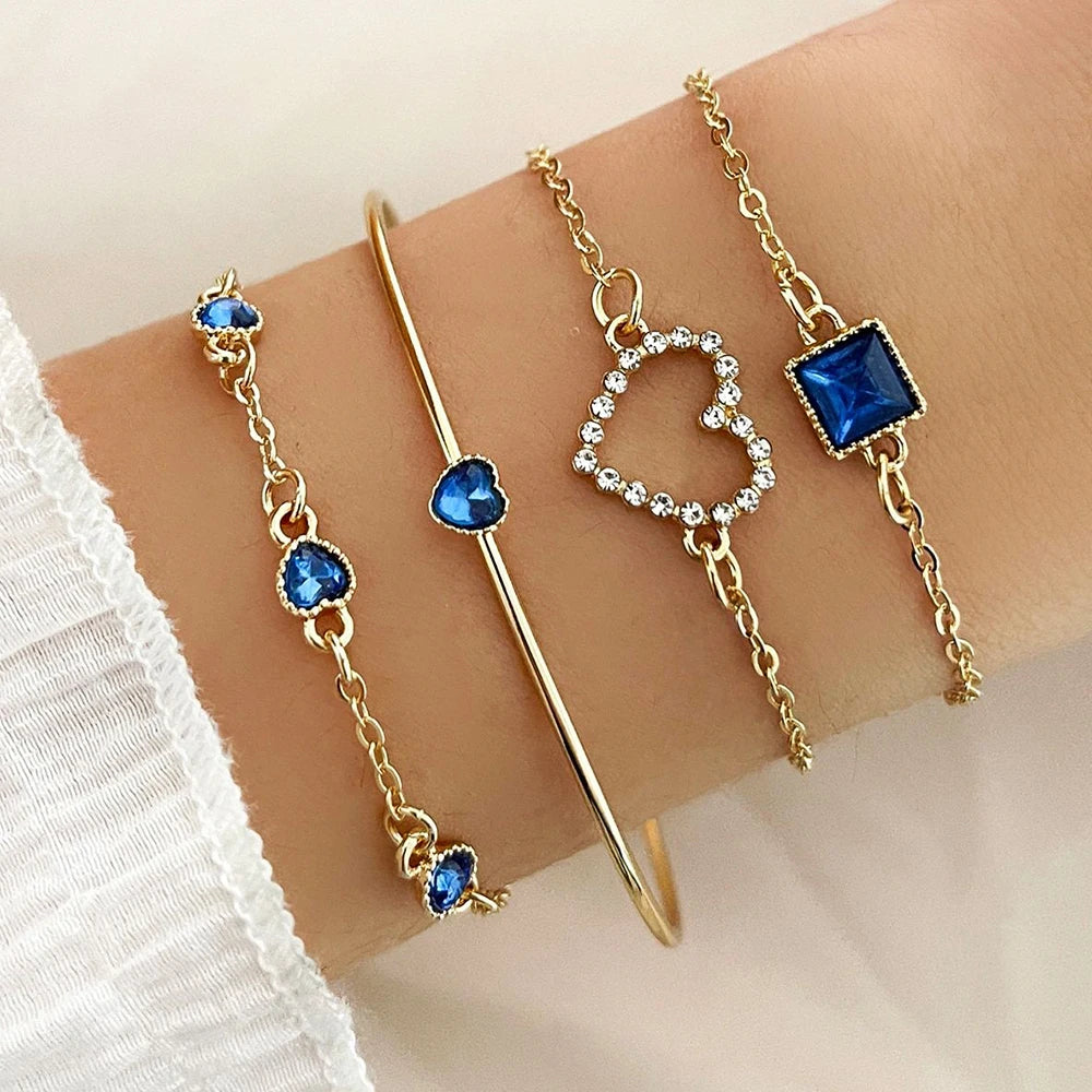 4PCS/Set Fashionable Snake Imitation Gemstone Bangle Rhinestone Full Metal Bracelet Set for W