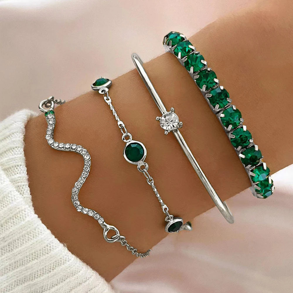 4PCS/Set Fashionable Snake Imitation Gemstone Bangle Rhinestone Full Metal Bracelet Set for W