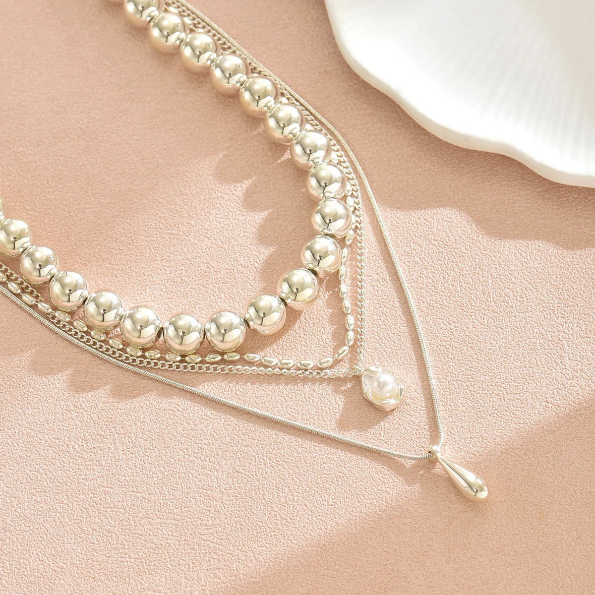 Layered Water Drop Pendant Necklace - Stackable Beaded Chain