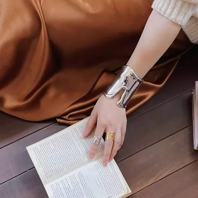Exaggerated Irregular Wide Edge Bracelet Women's Silver Long Arm Bracelet
