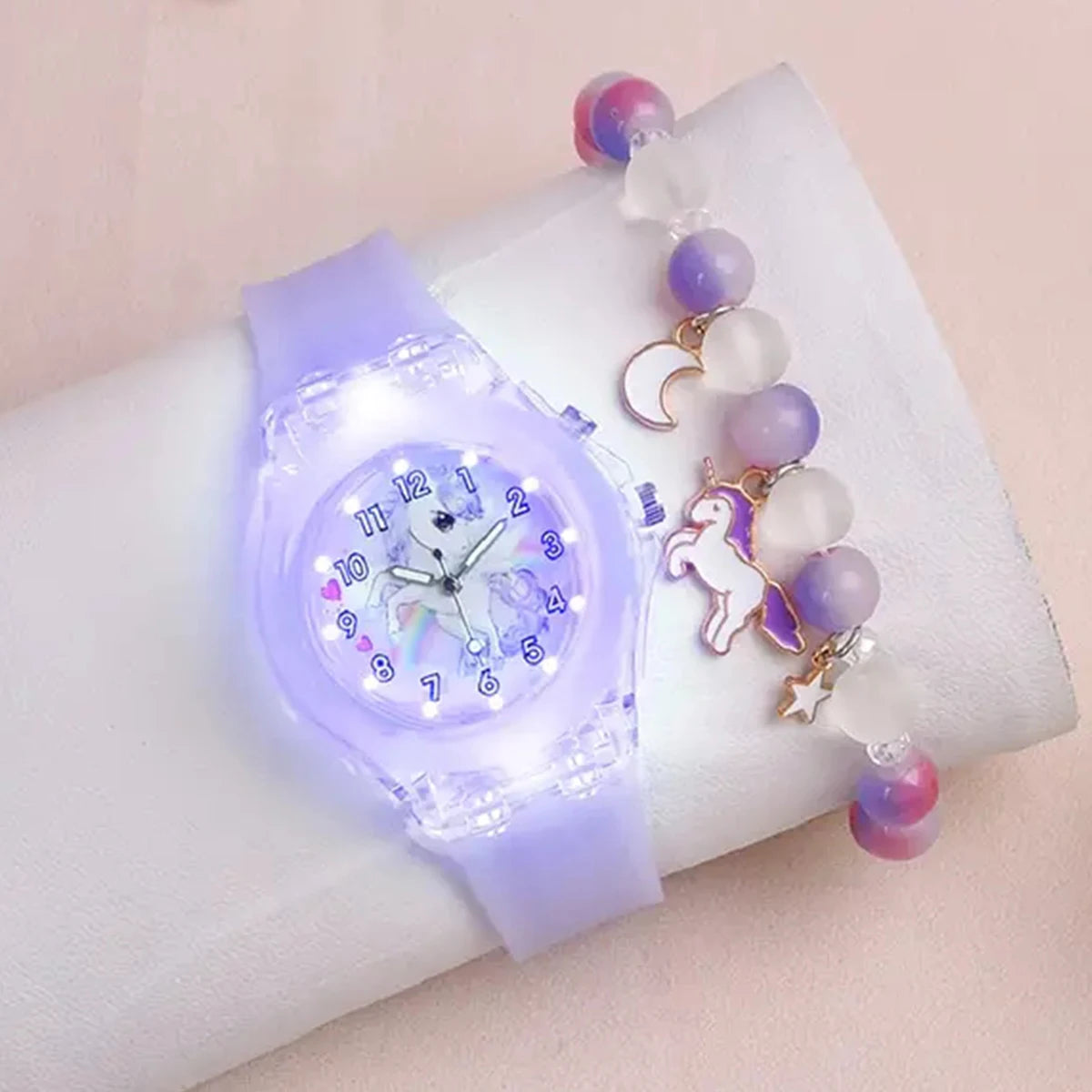 Fashion Butterfly Silicone Luminous Watch + Butterfly Beaded Bracelet
