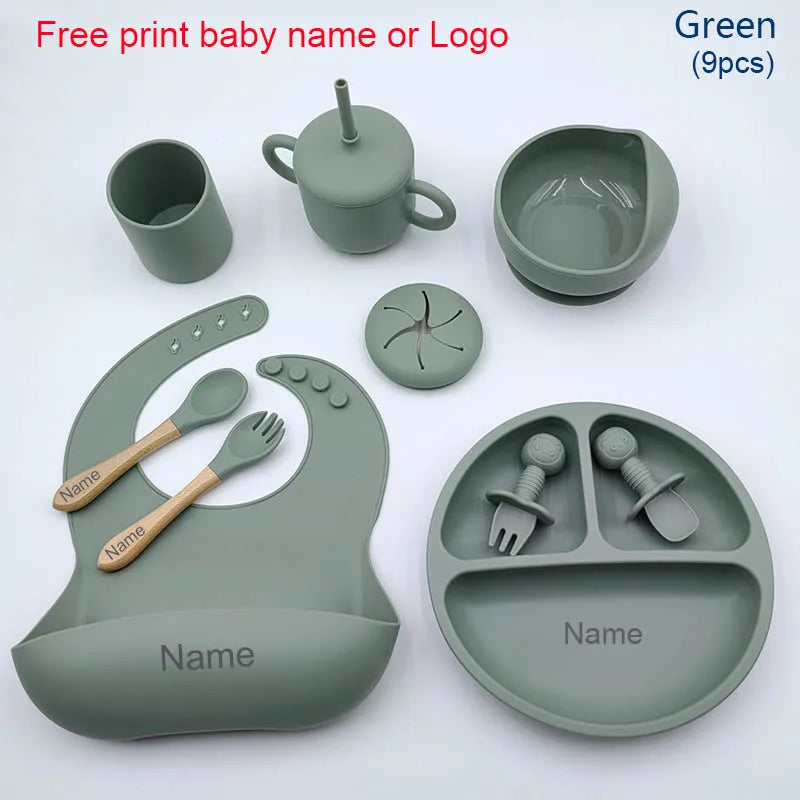 9Pcs Personalized Baby Silicone Feeding Sets Suction