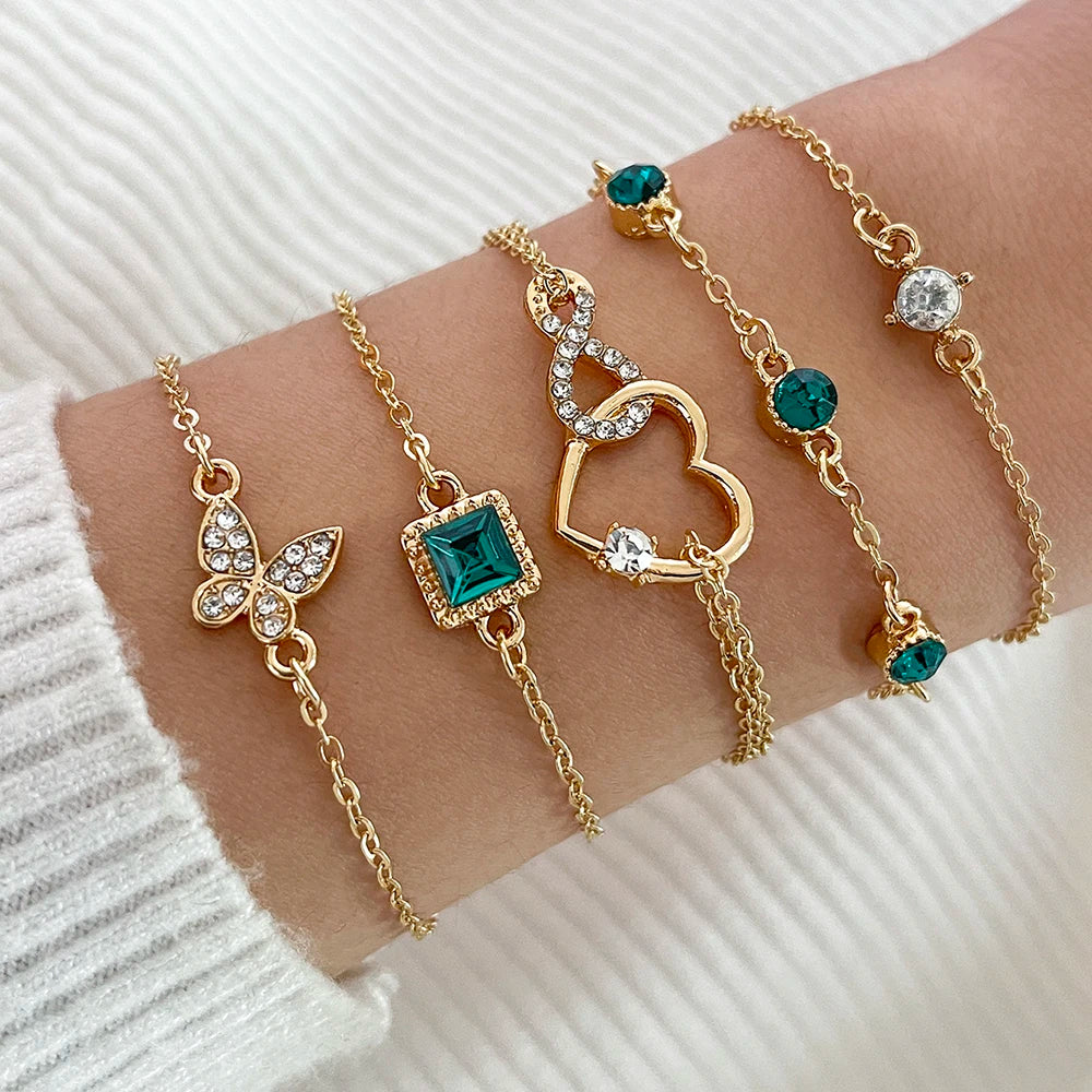 4PCS/Set Fashionable Snake Imitation Gemstone Bangle Rhinestone Full Metal Bracelet Set for W