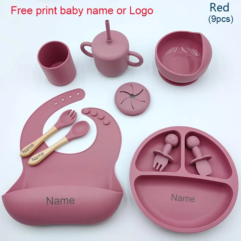 9Pcs Personalized Baby Silicone Feeding Sets Suction
