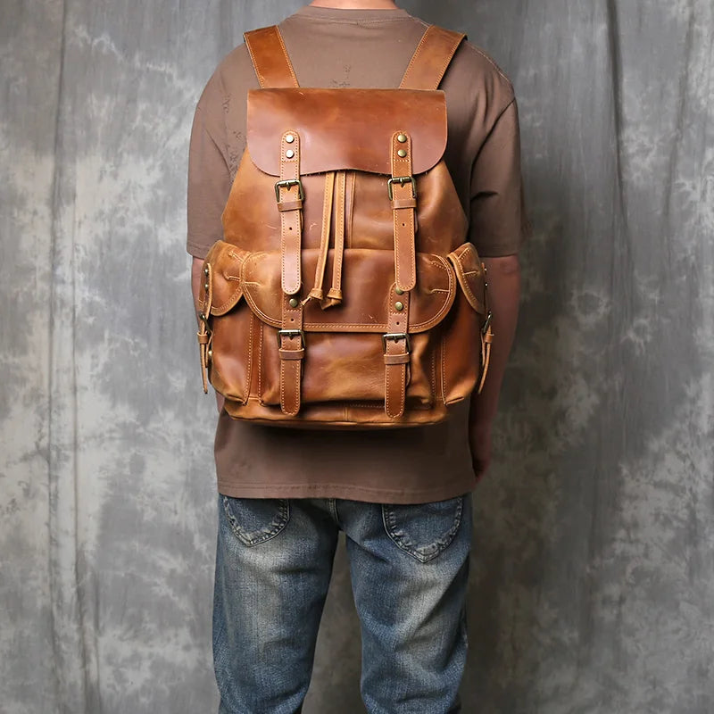 Retro Crazy Horse Leather Backpack for Mens