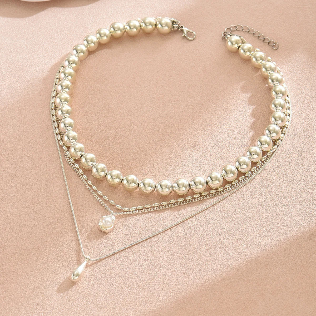 Layered Water Drop Pendant Necklace - Stackable Beaded Chain