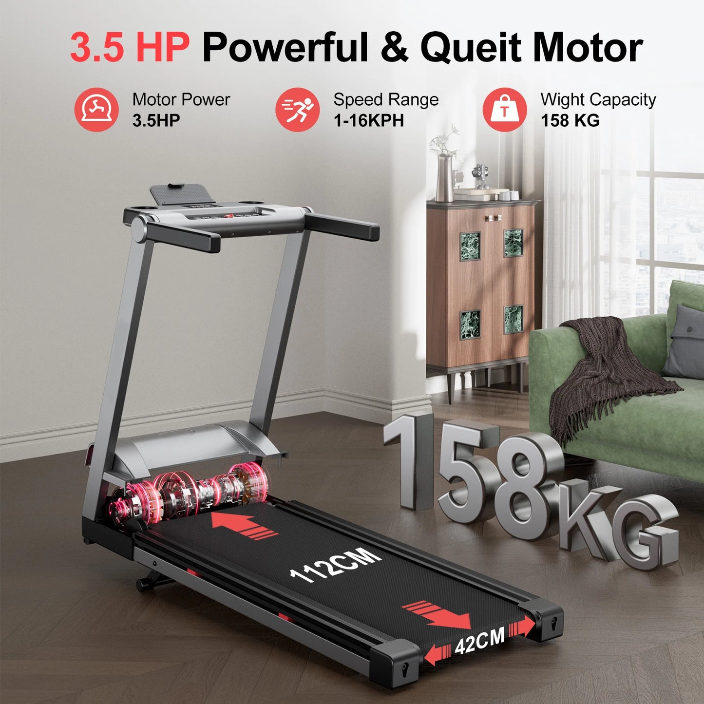 3.5HP Foldable Incline Home Treadmill Walking Pad with Handle Bar