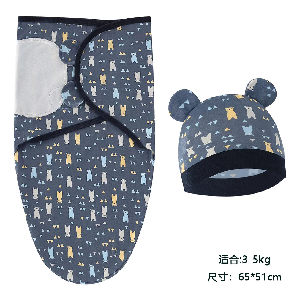 Baby Blanket Hat Set Cartoon Printed Cotton Newborn 0-6 Months